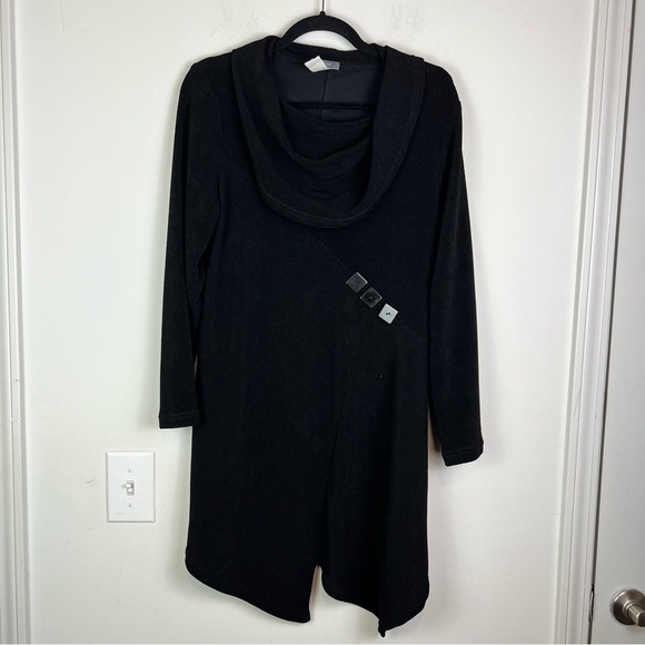 Yushi Textured Asymmetrical Hem Black Dress Sz M Button Detail Slouchy Cowl Neck - Picture 5 of 10